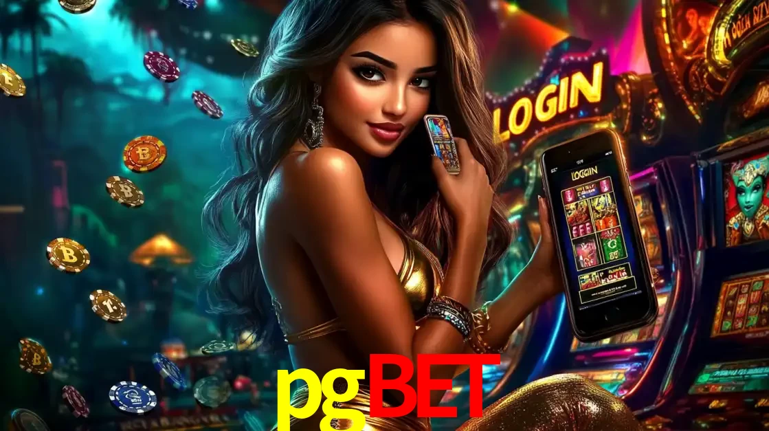 Mulher em um cenário de cassino temático de aventura, mostrando o app de caça-níqueis da pgbet no celular. Fichas de apostas flutuam ao redor.