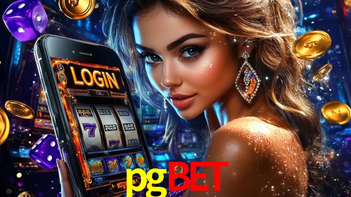Mulher glamorosa segurando um smartphone com a tela de login para os jogos de caça-níqueis do cassino online pgbet, com moedas de ouro e dados ao redor.