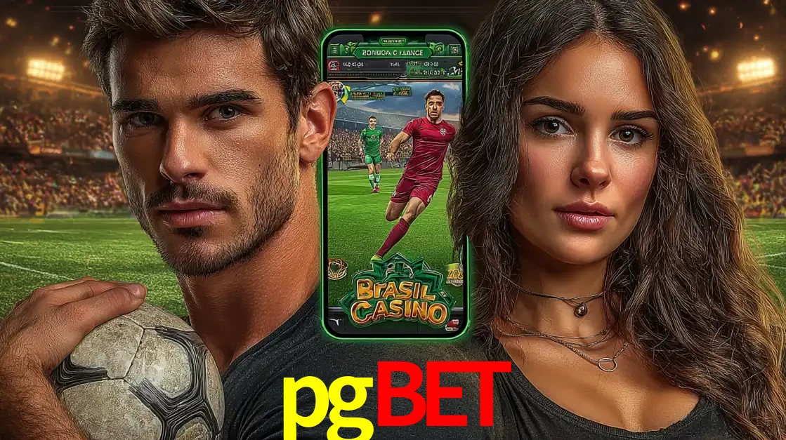 Homem segurando uma bola de futebol e uma mulher ao lado de um smartphone exibindo o jogo de apostas esportivas da pgbet. Faça seu palpite no cassino online.